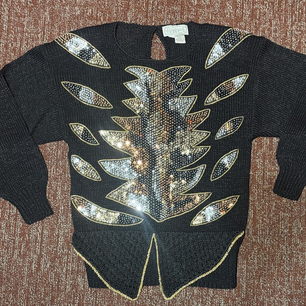 Vintage Nannell collectors sweater Black Sweater with Gold and Silver Accents S